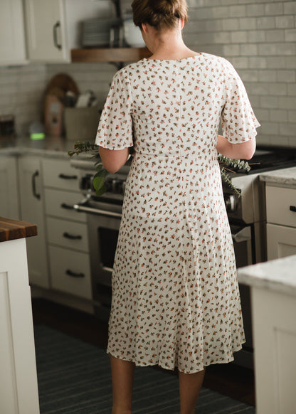 Ivory V-Neck Floral Midi Dress Dresses