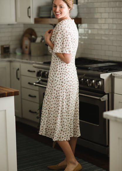 Ivory V-Neck Floral Midi Dress Dresses