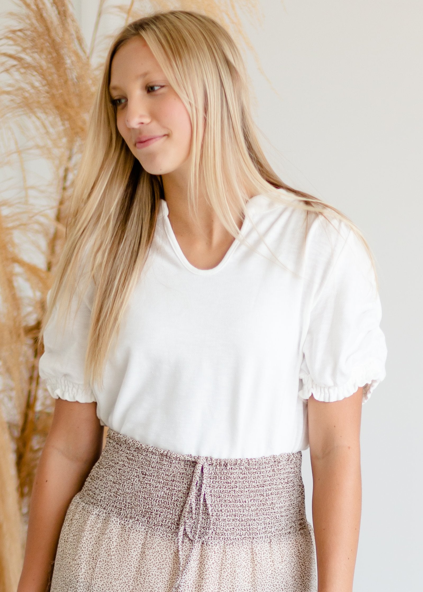 Ivory V-Neck Puff Sleeve Top Tops Hayden