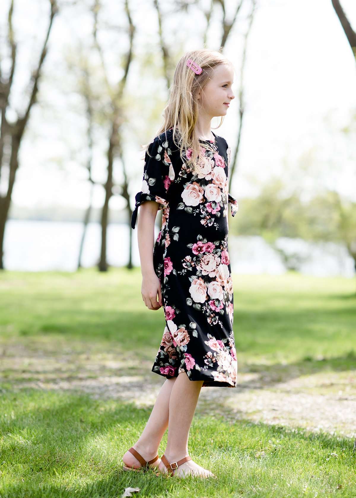 girls black and floral modest midi dress