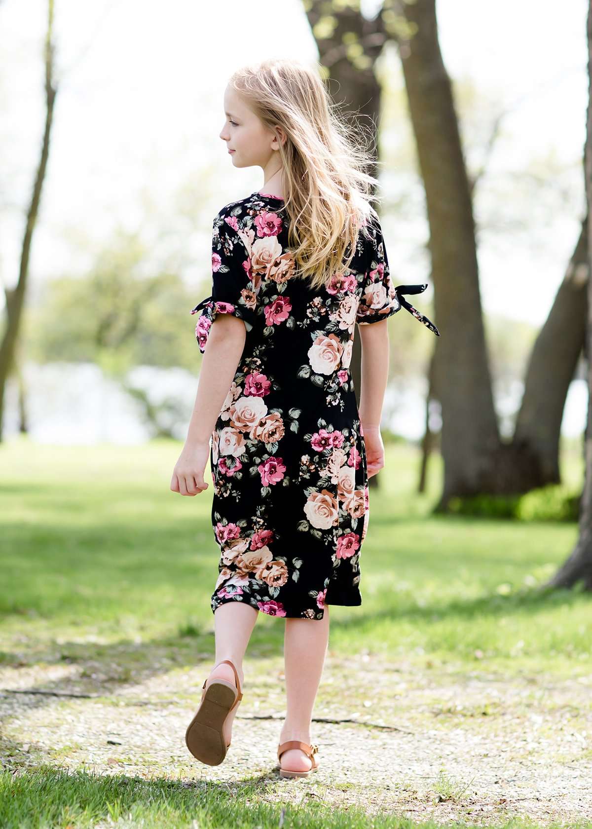 girls black and floral modest midi dress