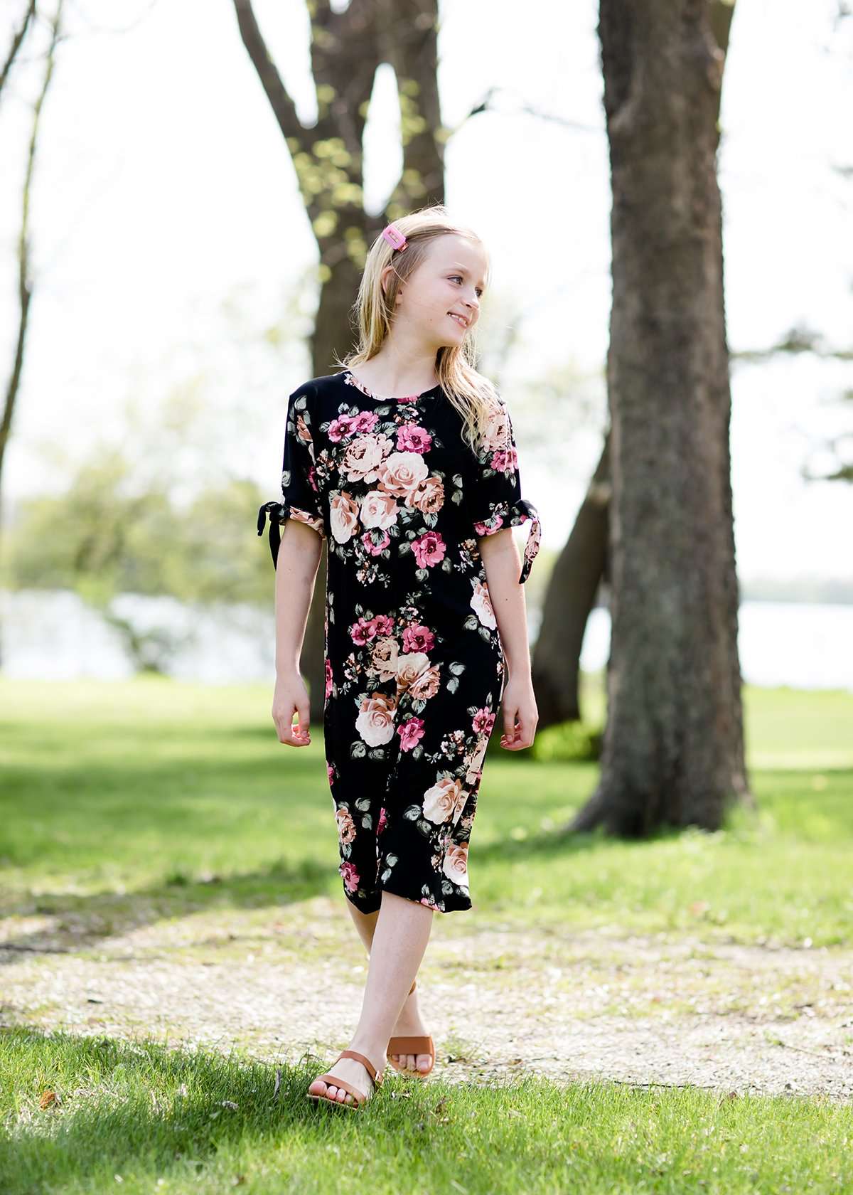 girls black and floral modest midi dress