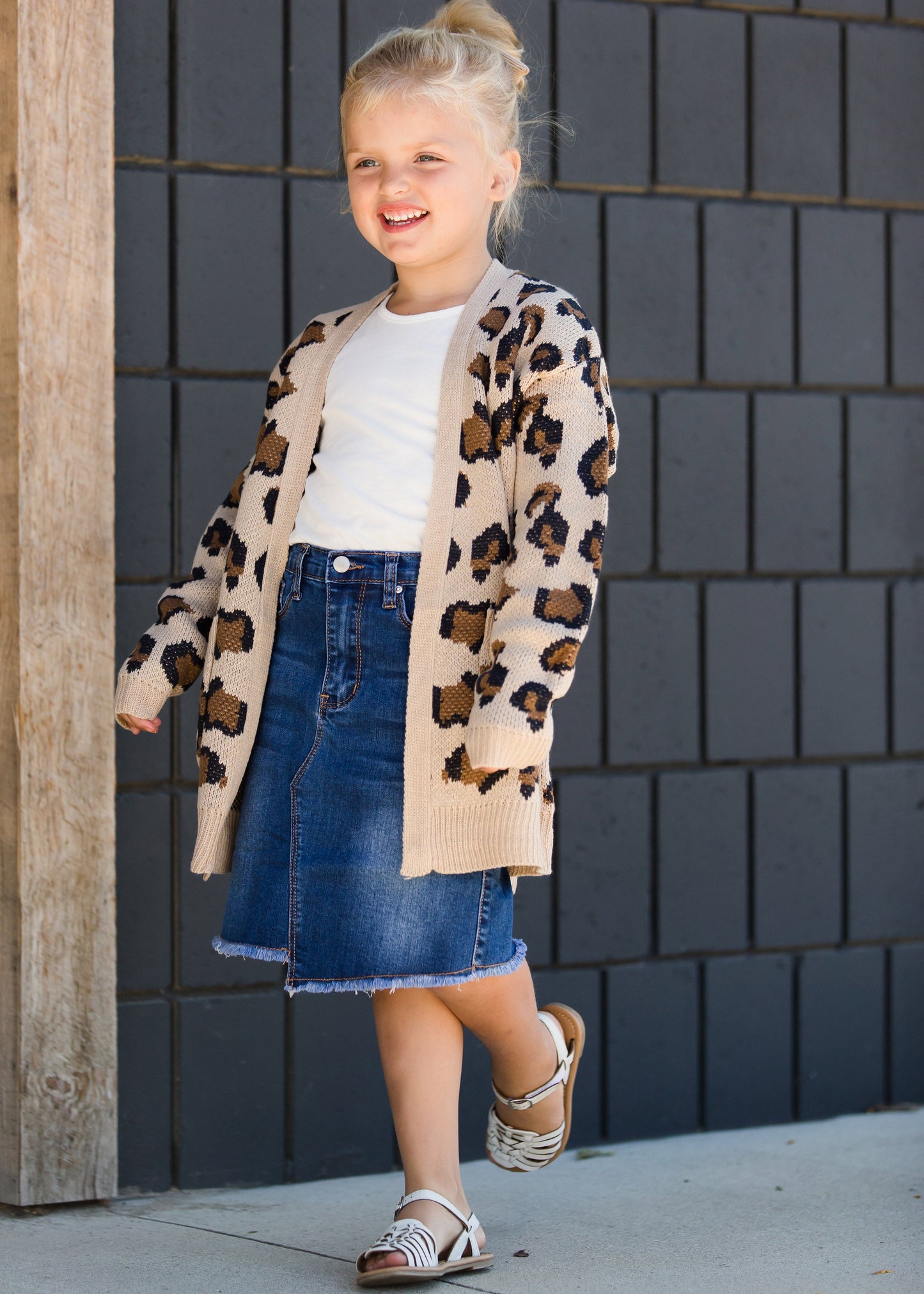 Girls tan and black leopard print open front cardigan