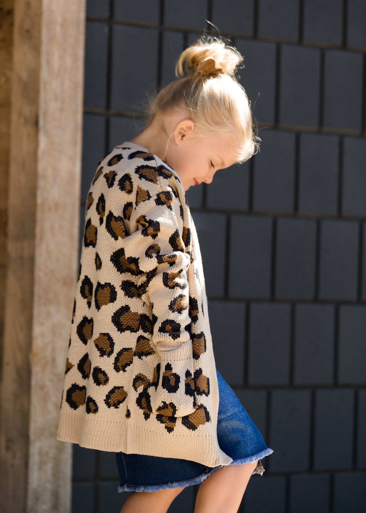 Girls tan and black leopard print open front cardigan