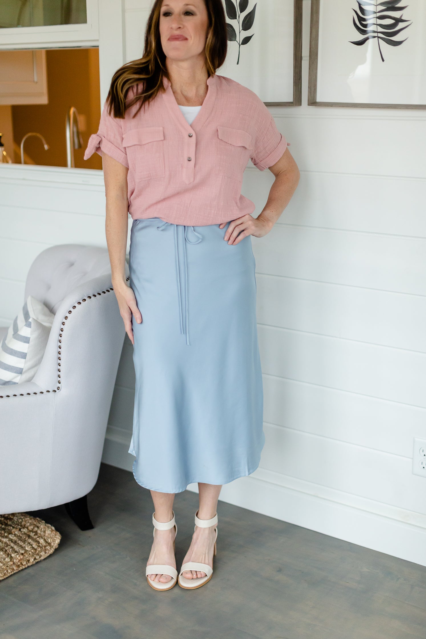 Light Blue Belted Satin Midi Skirt - FINAL SALE Skirts