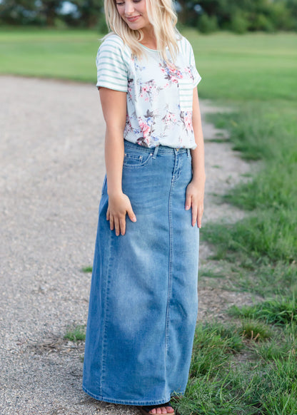 Light Blue Floral + Striped Top - Final Sale Tops