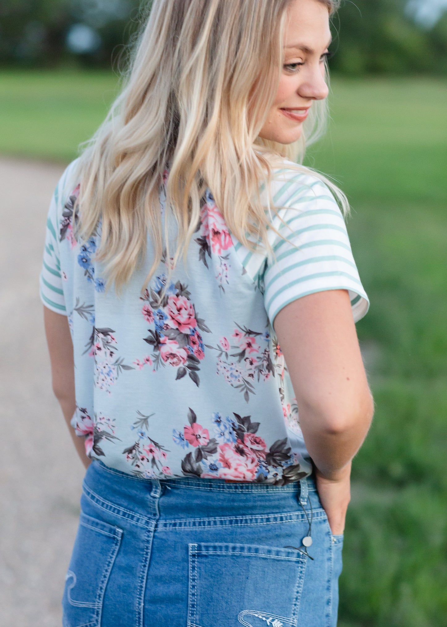 Light Blue Floral + Striped Top - Final Sale Tops