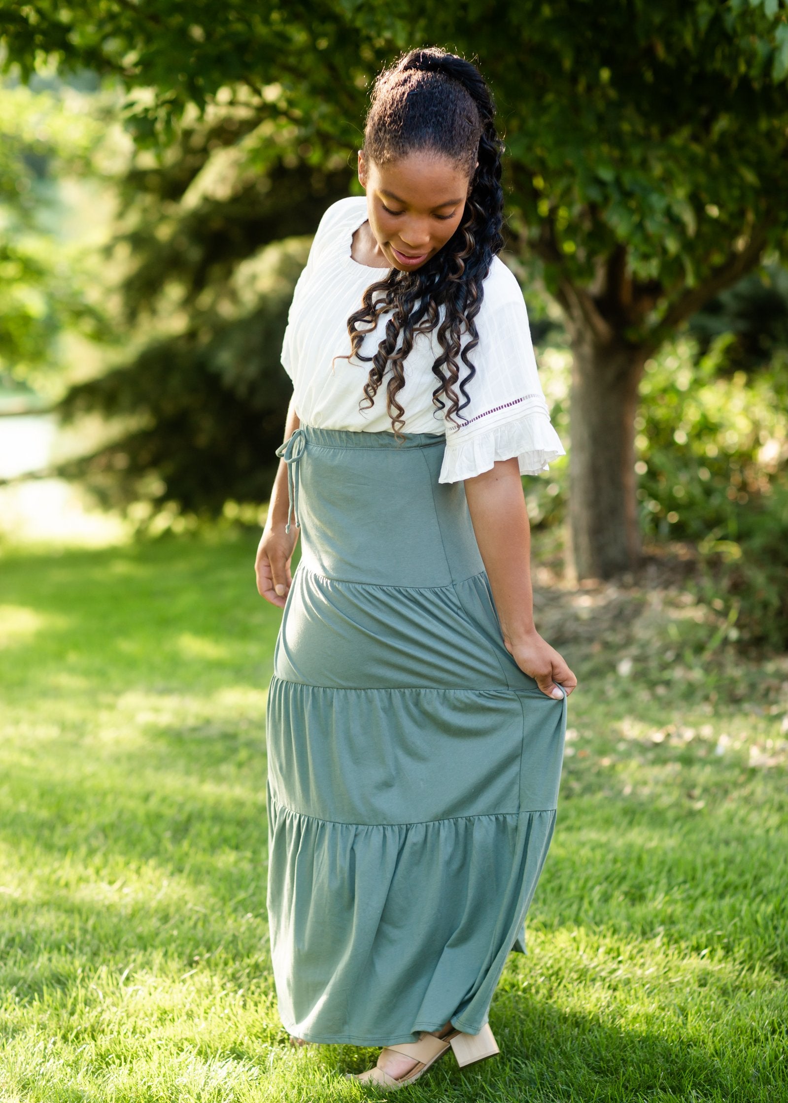 Light Olive Tiered Drawstring Skirt Skirts Tres Bien