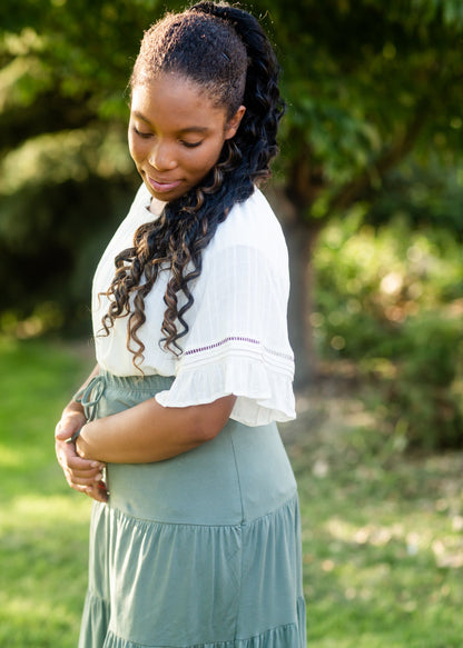 Light Olive Tiered Drawstring Skirt Skirts Tres Bien