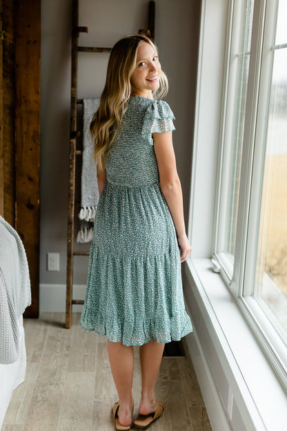 Light Teal Smocked Tiered Midi Dress Dresses