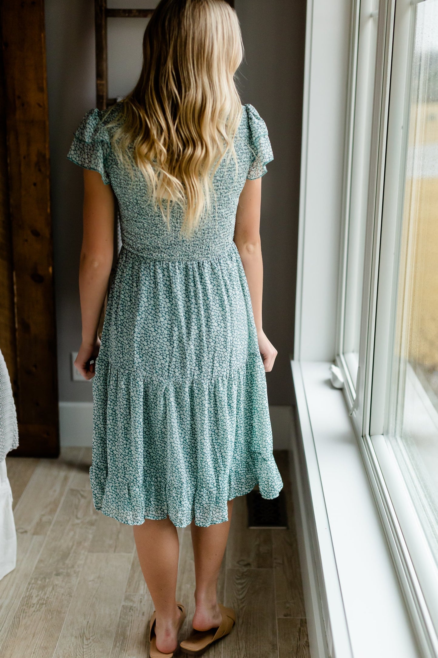 Light Teal Smocked Tiered Midi Dress Dresses