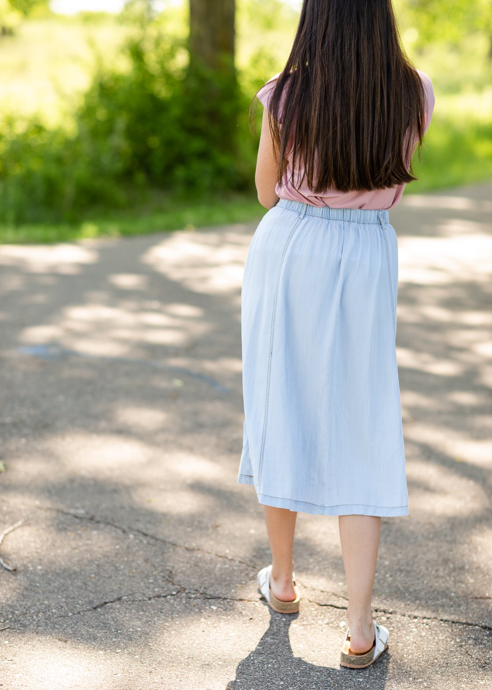 Light Wash Stretch Chambray Midi Skirt - FINAL SALE Skirts