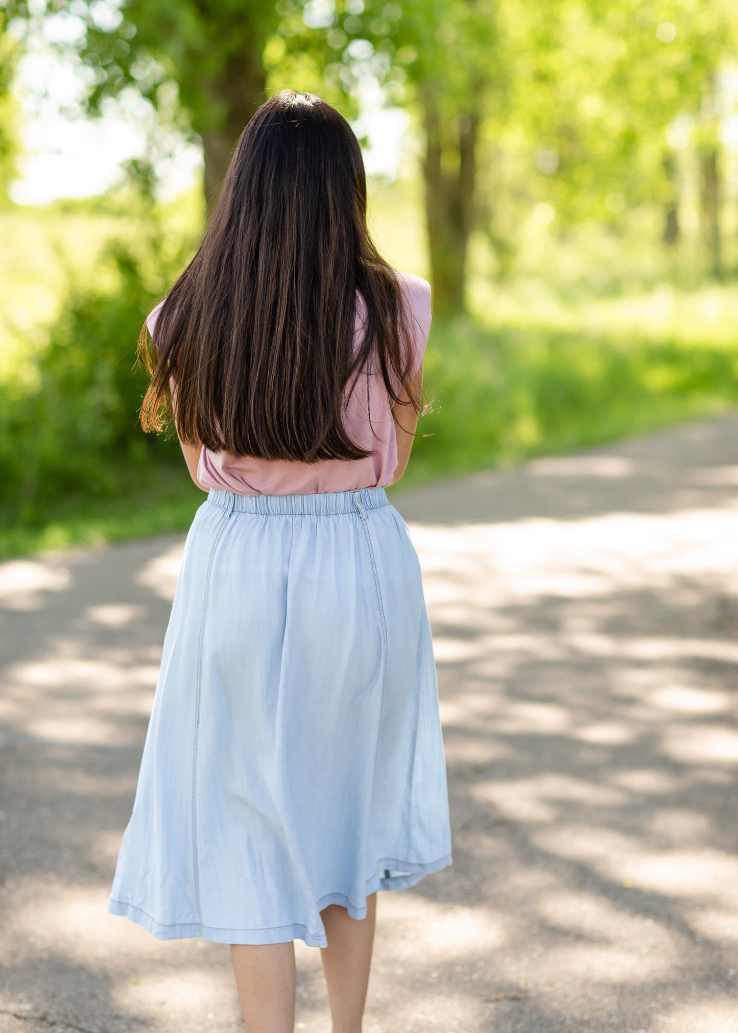 Light Wash Stretch Chambray Midi Skirt - FINAL SALE Skirts