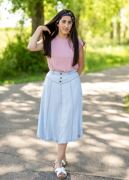 Light Wash Stretch Chambray Midi Skirt - FINAL SALE Skirts