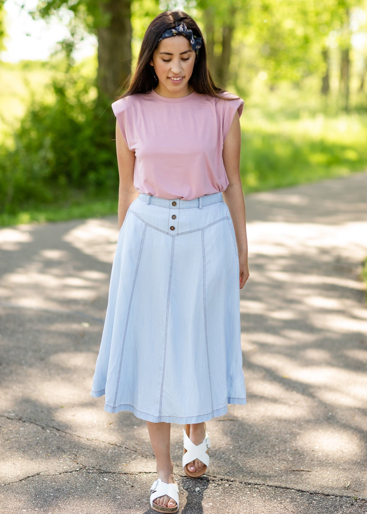 Light Wash Stretch Chambray Midi Skirt - FINAL SALE Skirts