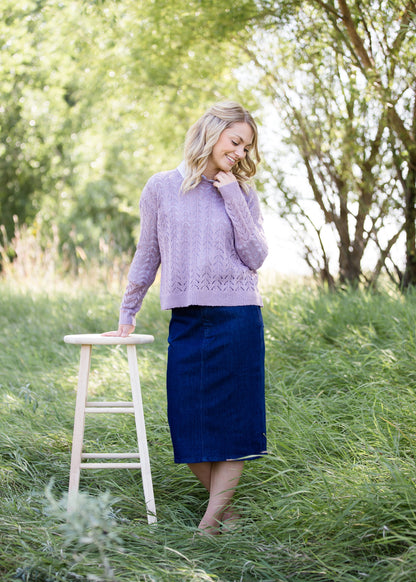 lavender crochet knit long sleeve sweater