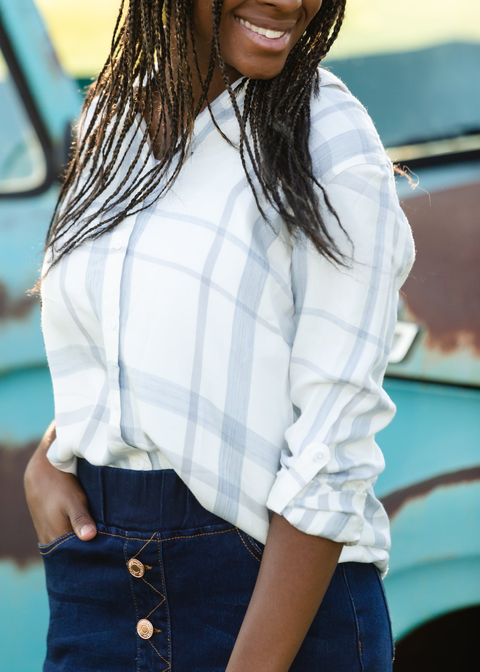 Lightweight Dusty Blue Plaid Shirt - FINAL SALE Tops