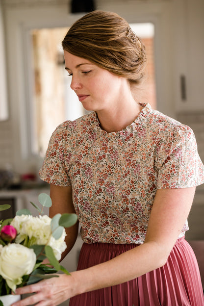 Lightweight Floral Ruffle Neck Blouse Tops