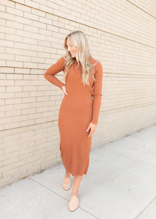 Long Sleeve Collared Rust Ribbed Sweater Dress Dresses