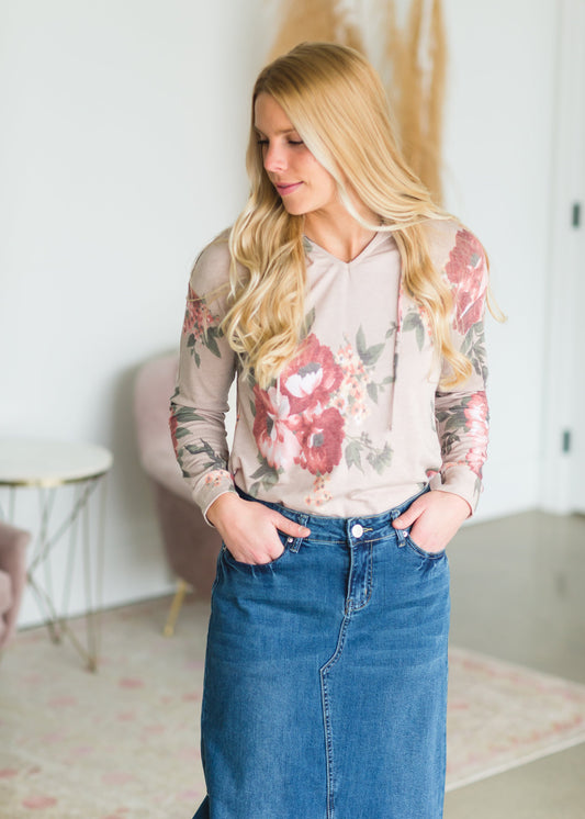 Long Sleeve Floral Print Hoodie - FINAL SALE Tops