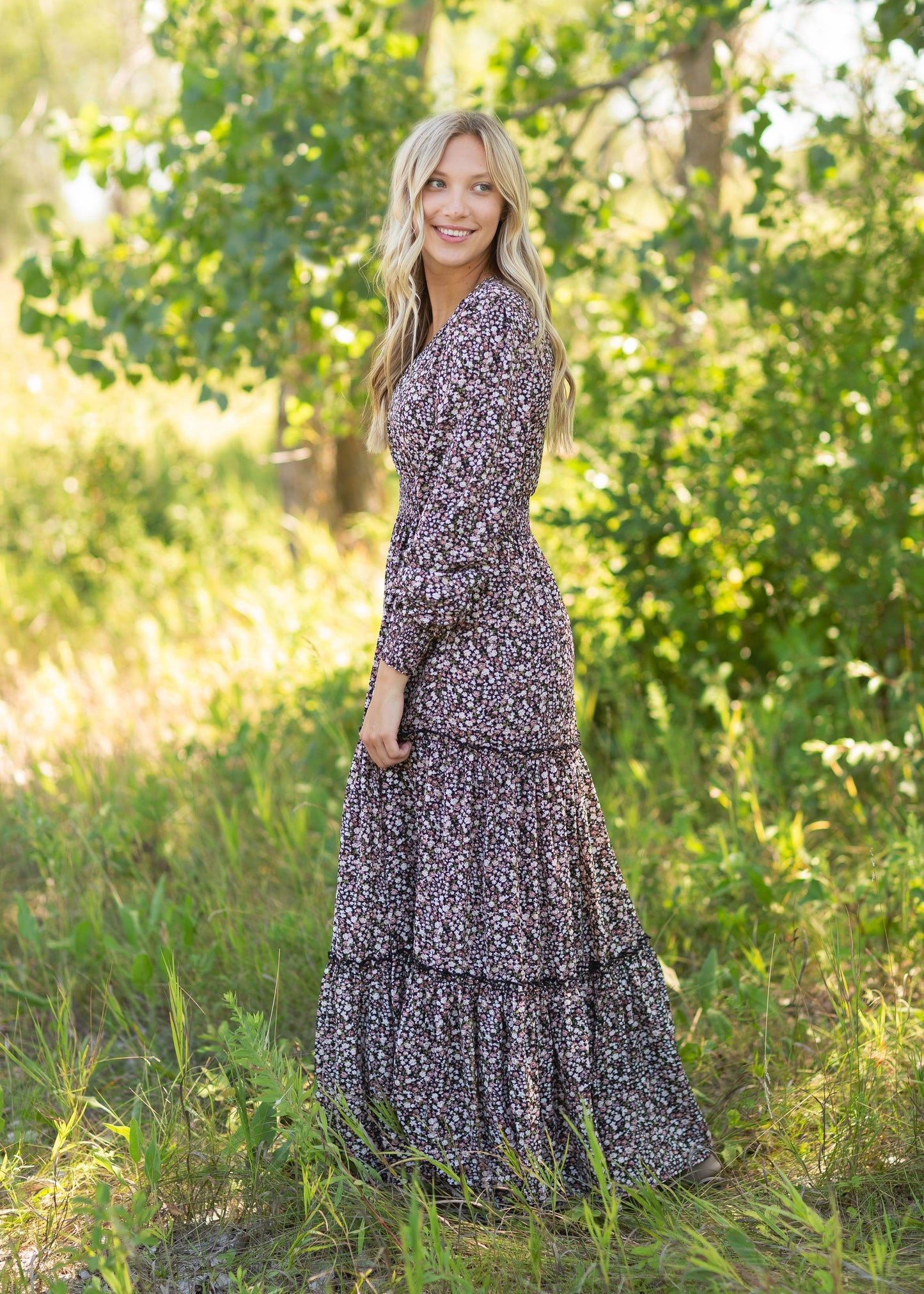 Long Sleeve V-Neck Ditsy Print Dress Dresses