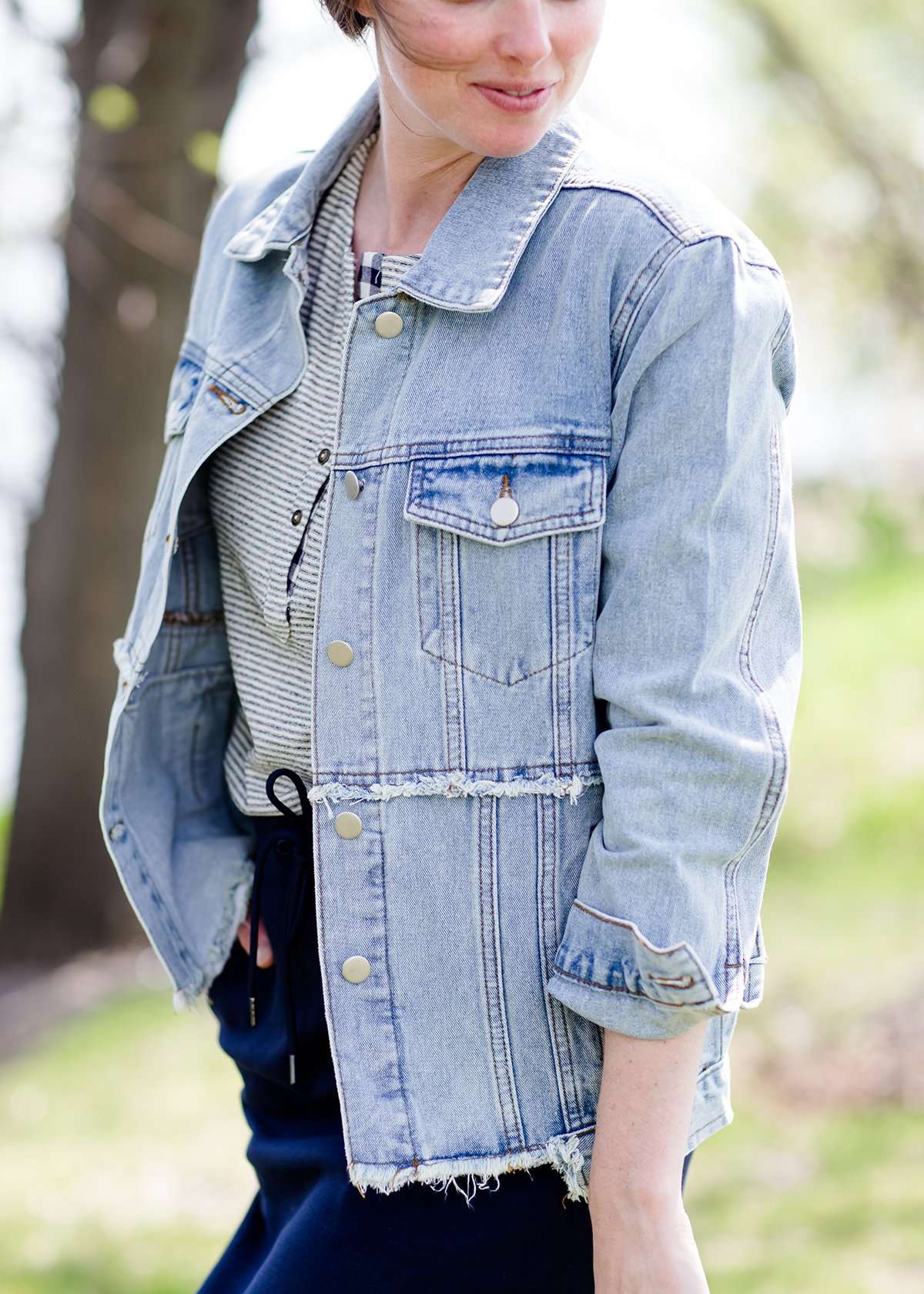 women's modest light denim distressed jean jacket