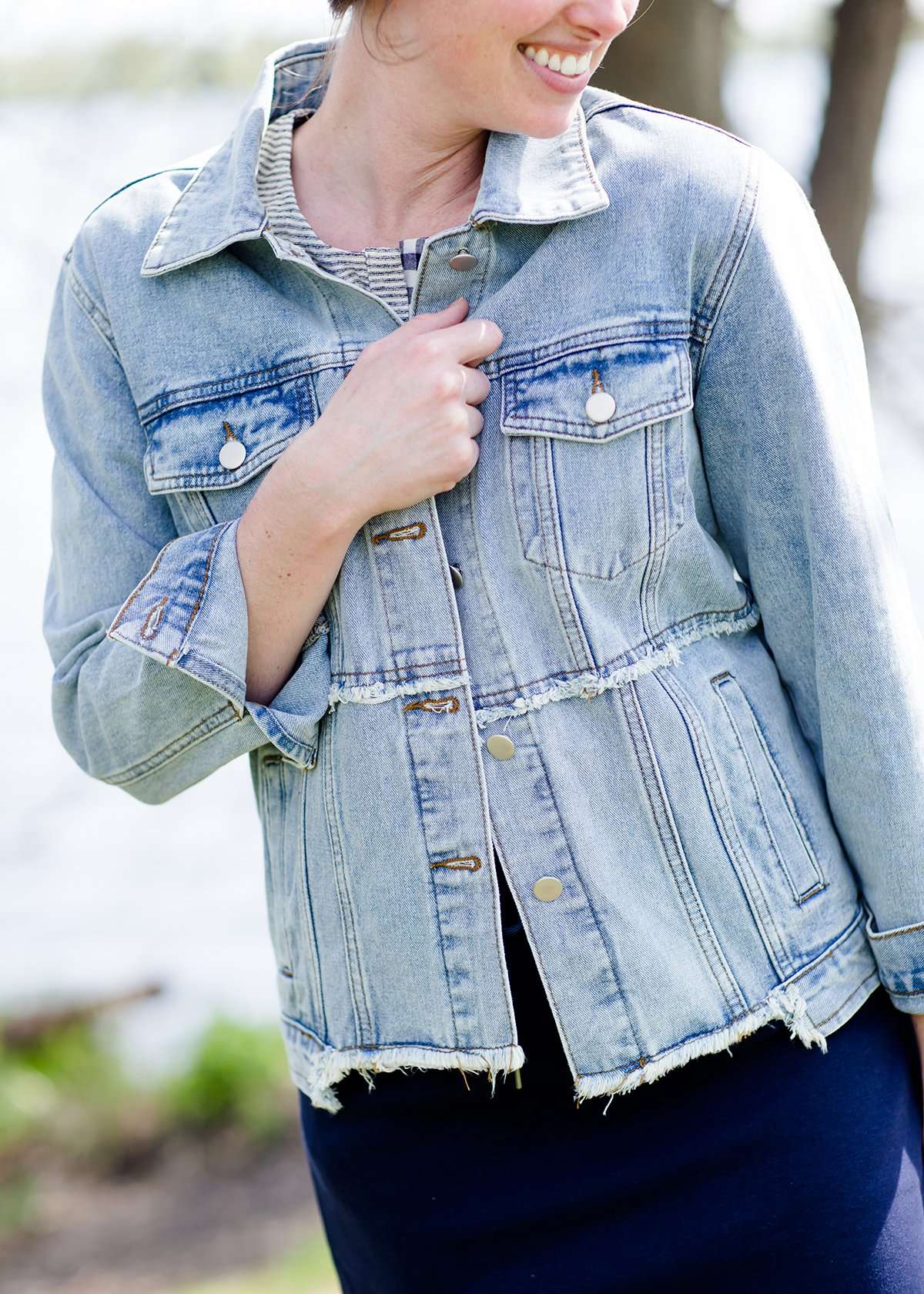 women's modest light denim distressed jean jacket