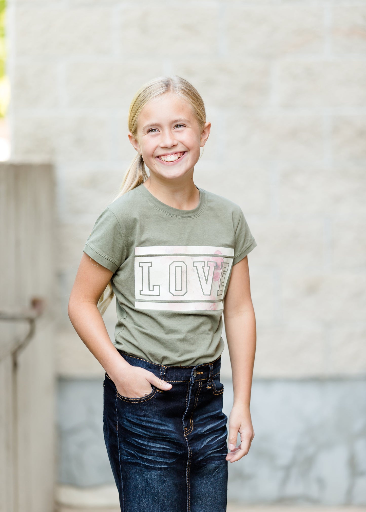 girls olive LOVE gold foil graphic tee