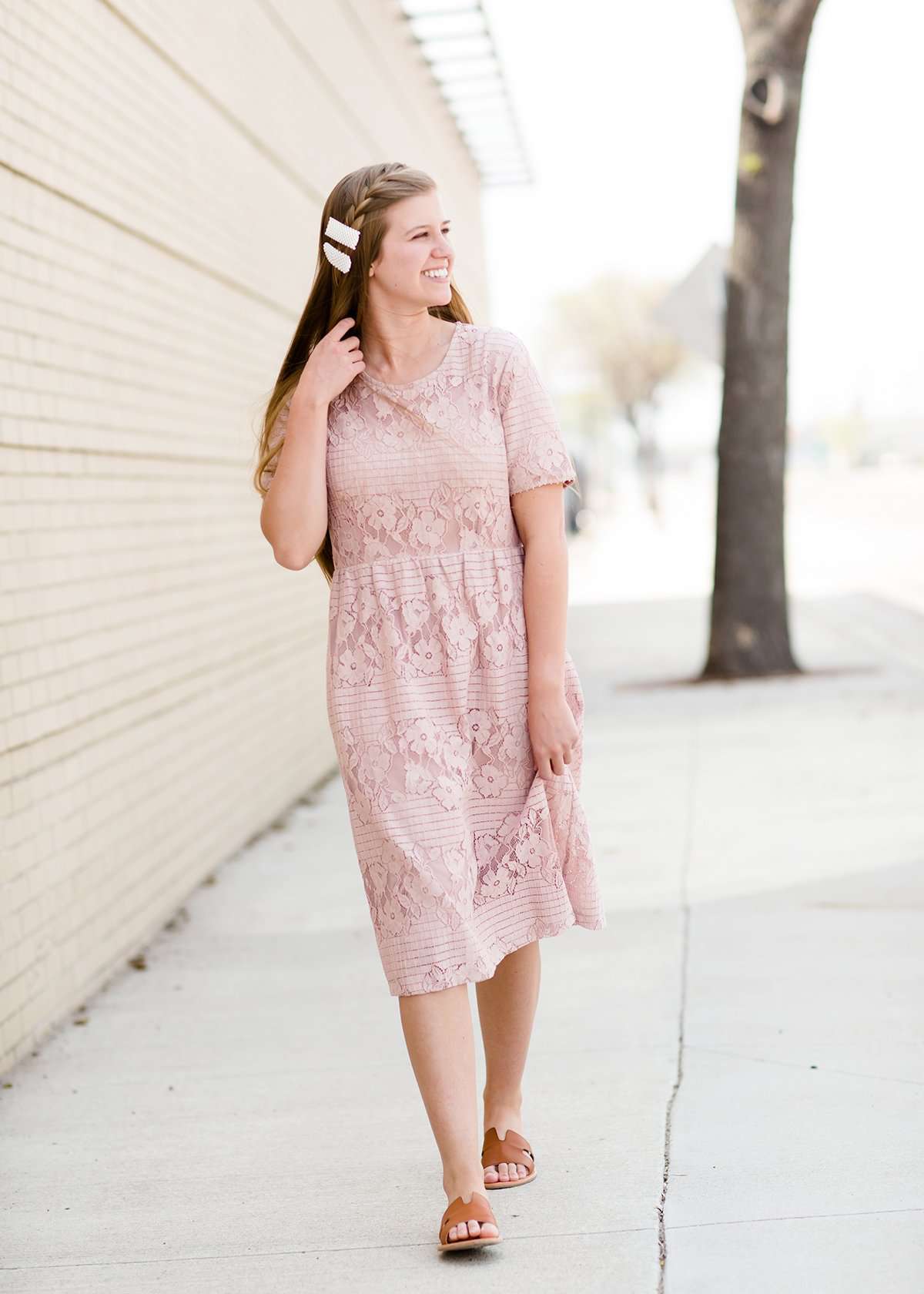 women's modest mauve lace midi dress