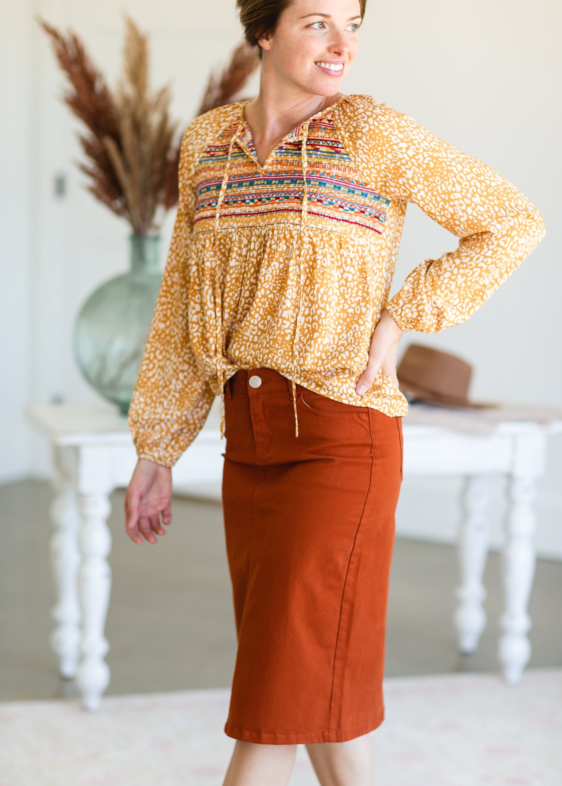 Marigold Embroidered Tie Front Top - FINAL SALE Tops