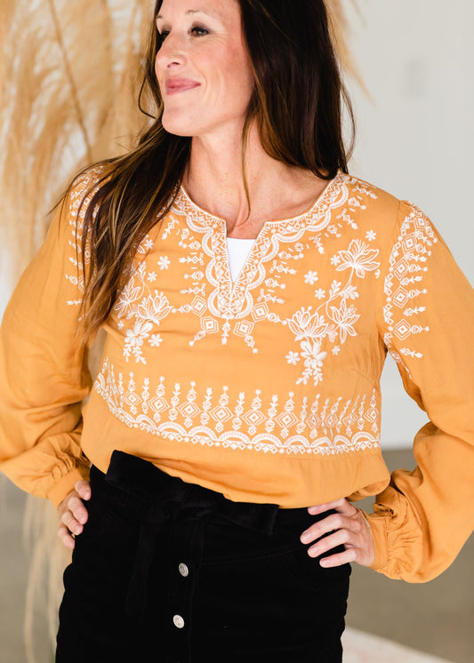 Marigold Embroidered V-Neck Top - FINAL SALE Tops