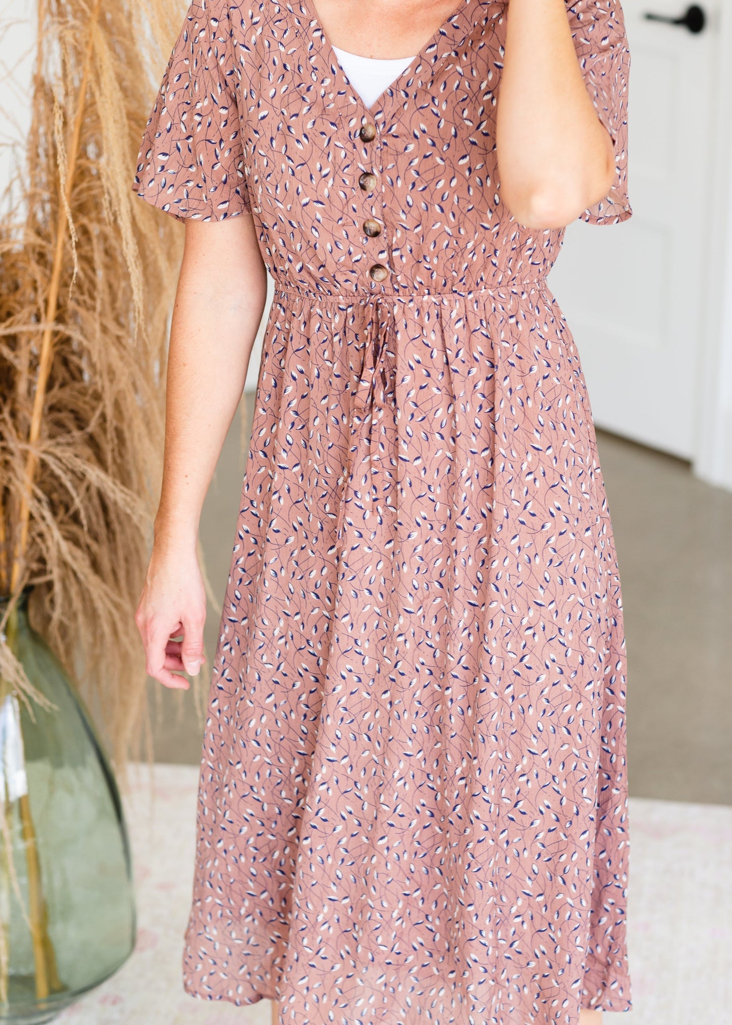 Mauve Button Front Floral Midi Dress - FINAL SALE Dresses