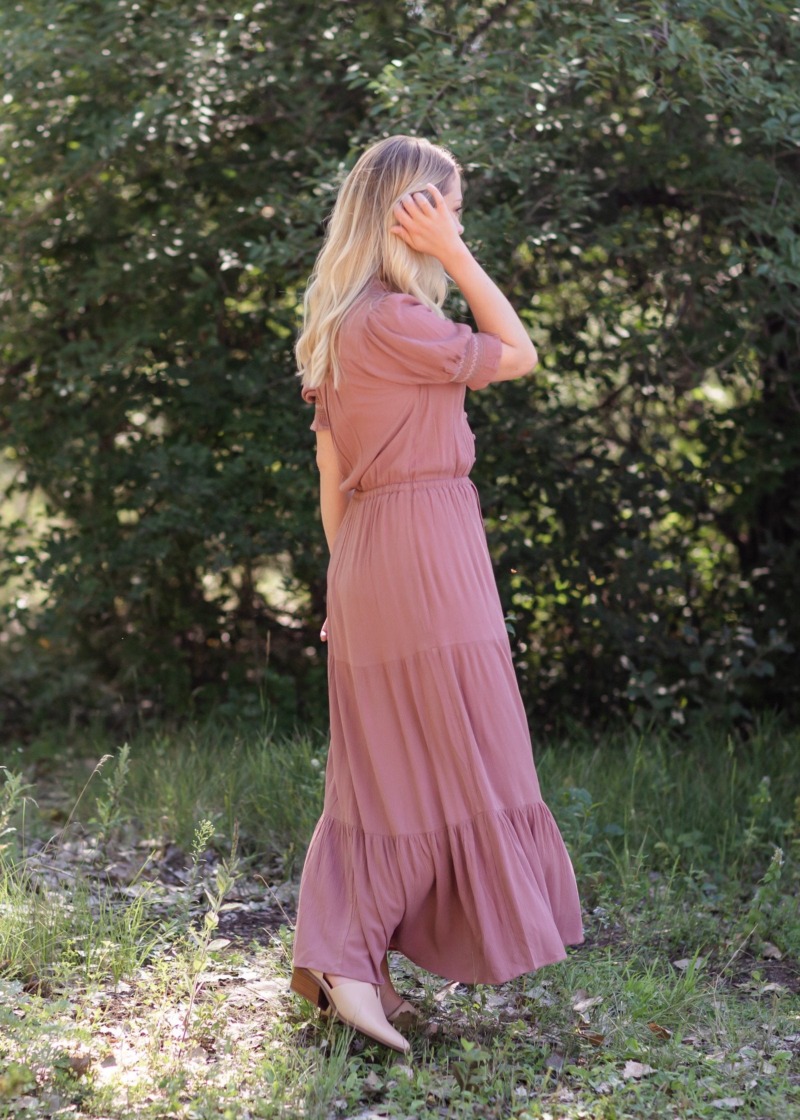 Mauve Gauze Puff Sleeve Maxi Dress Dresses Hem & Thread