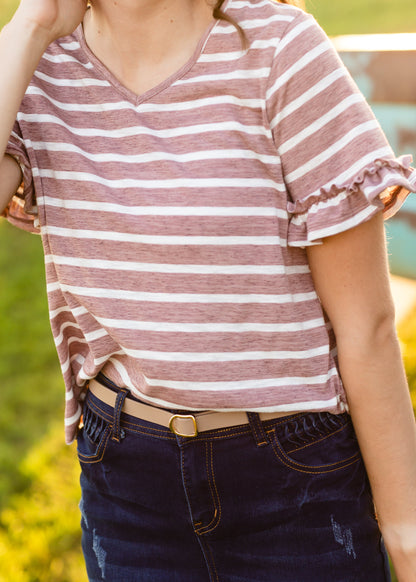 Mauve Striped Ruffle Sleeve Tee - FINAL SALE Tops