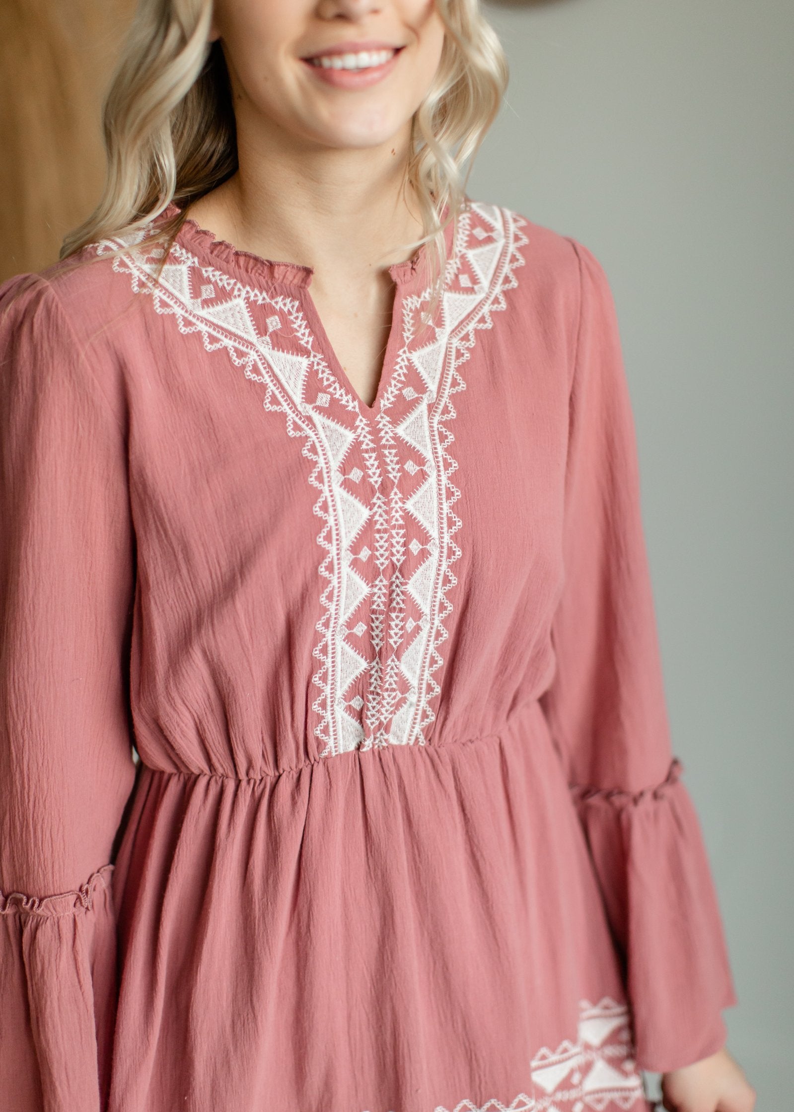 Mauve Tiered Embroidered Midi Dress Dresses Tea & Rose