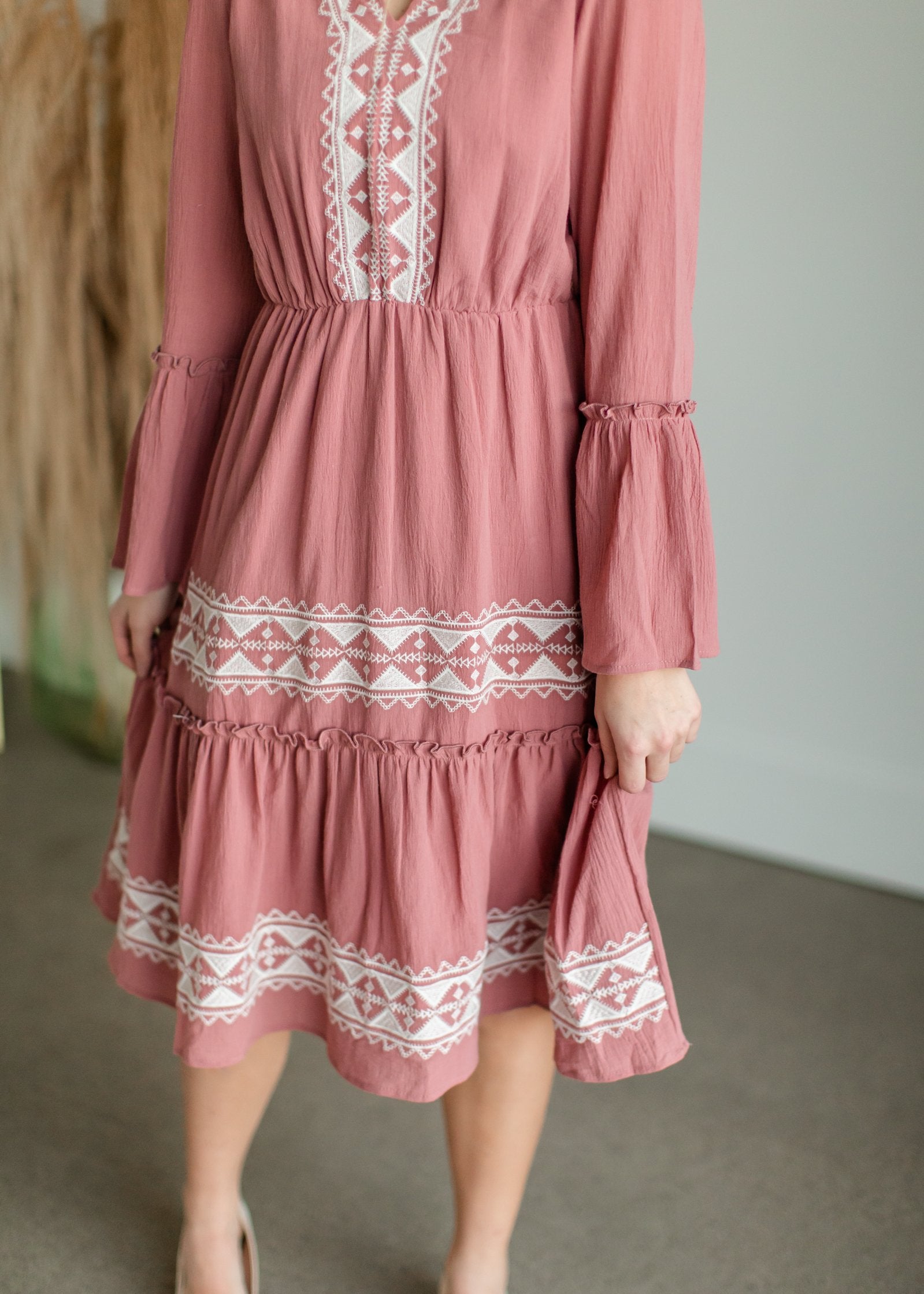 Mauve Tiered Embroidered Midi Dress Dresses Tea & Rose