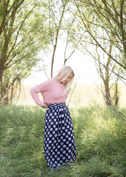 navy printed high waist lightweight maxi skirt