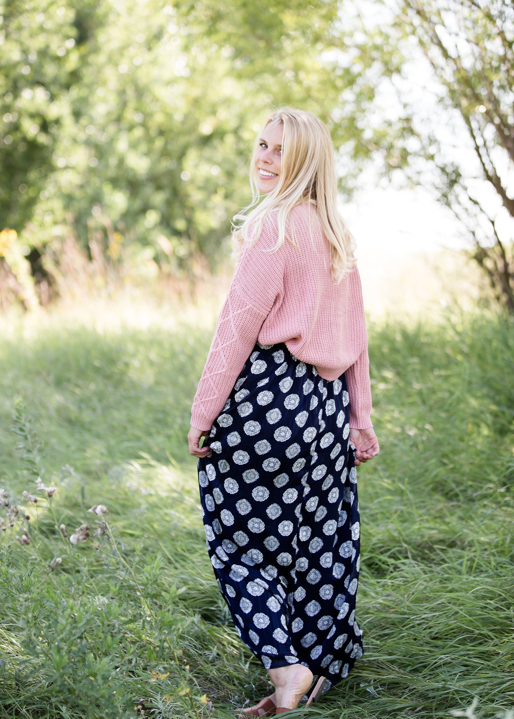 navy printed high waist lightweight maxi skirt