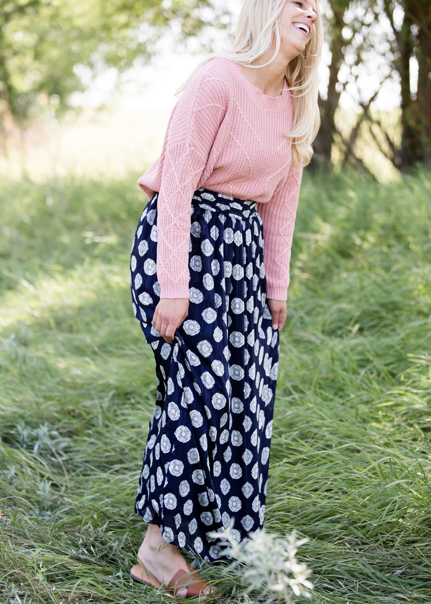 navy printed high waist lightweight maxi skirt