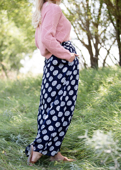 navy printed high waist lightweight maxi skirt