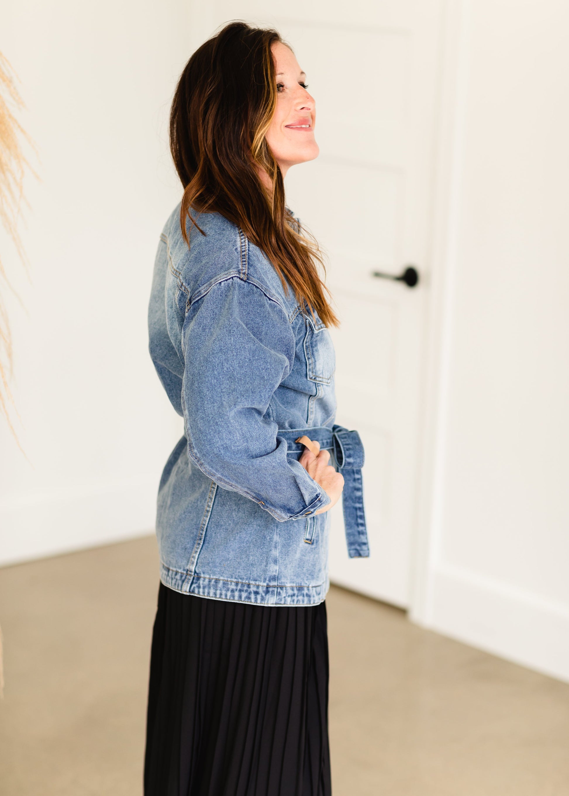 Medium Wash Tie Waist Denim Jacket - FINAL SALE Tops