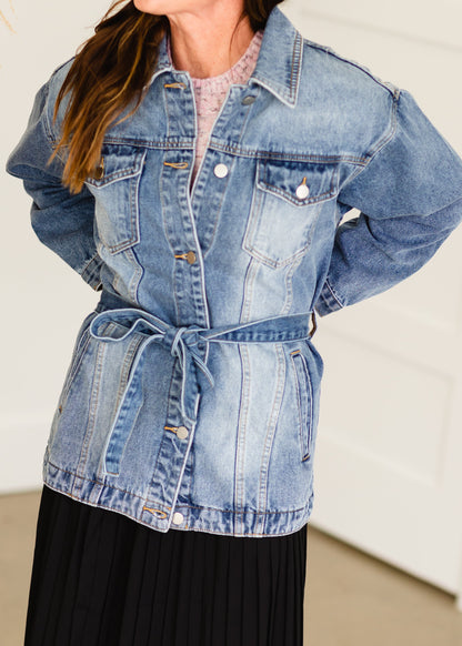 Medium Wash Tie Waist Denim Jacket - FINAL SALE Tops