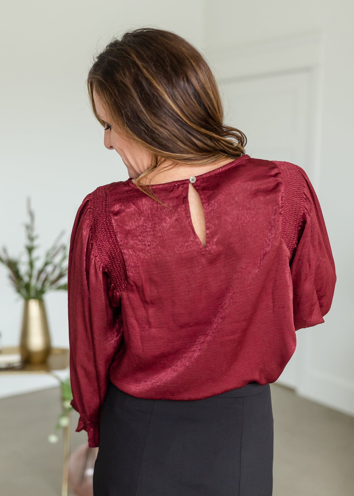 Merlot Smocked Detail Long Balloon Sleeve Top Tops Entro