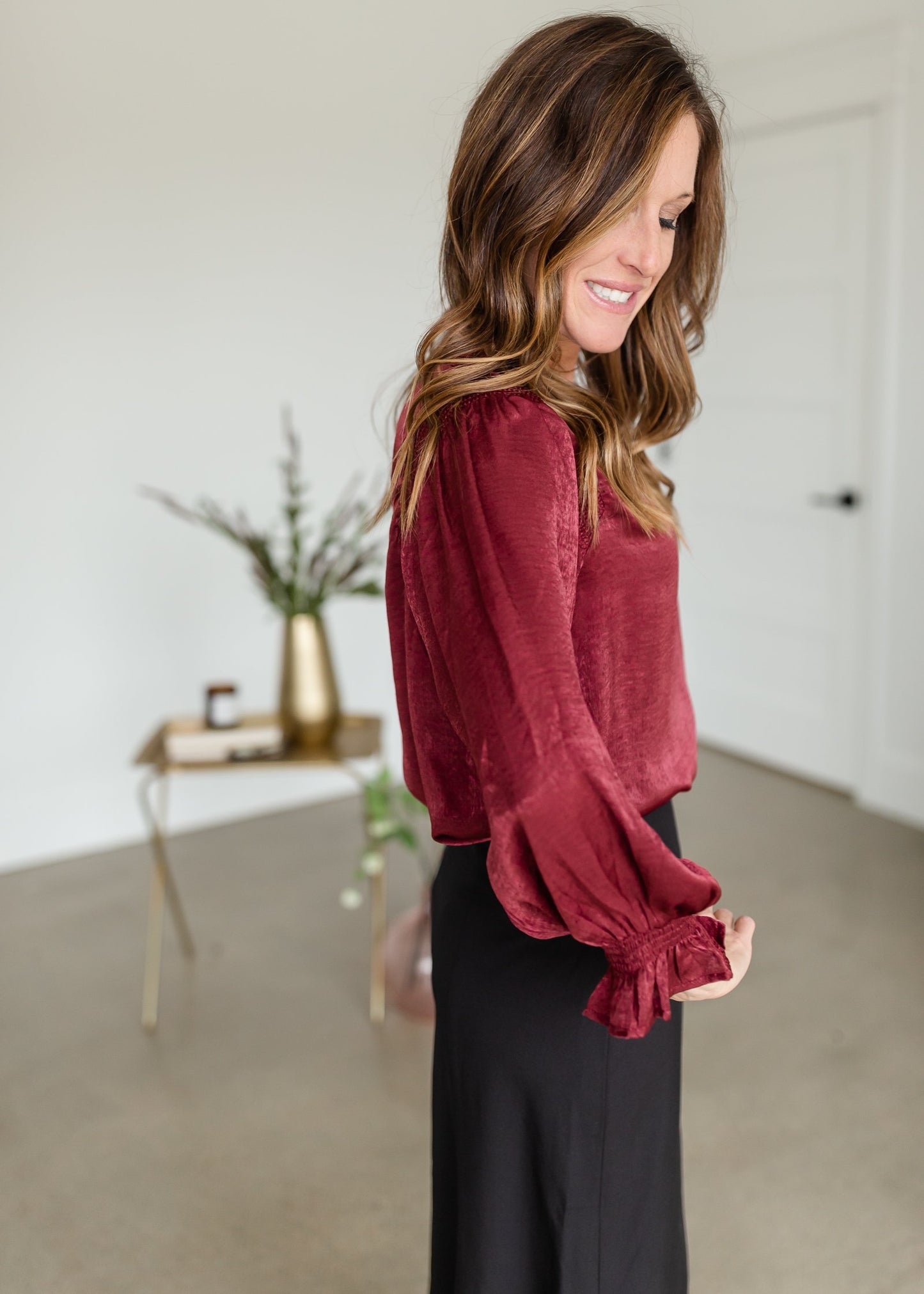 Merlot Smocked Detail Long Balloon Sleeve Top Tops Entro