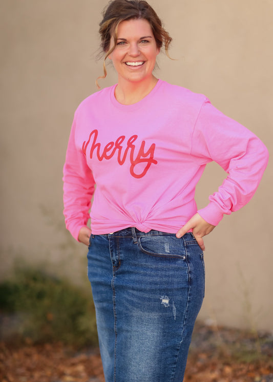 Merry Neon Pink Long Sleeve Graphic Tee - FINAL SALE Tops Fox and Owl