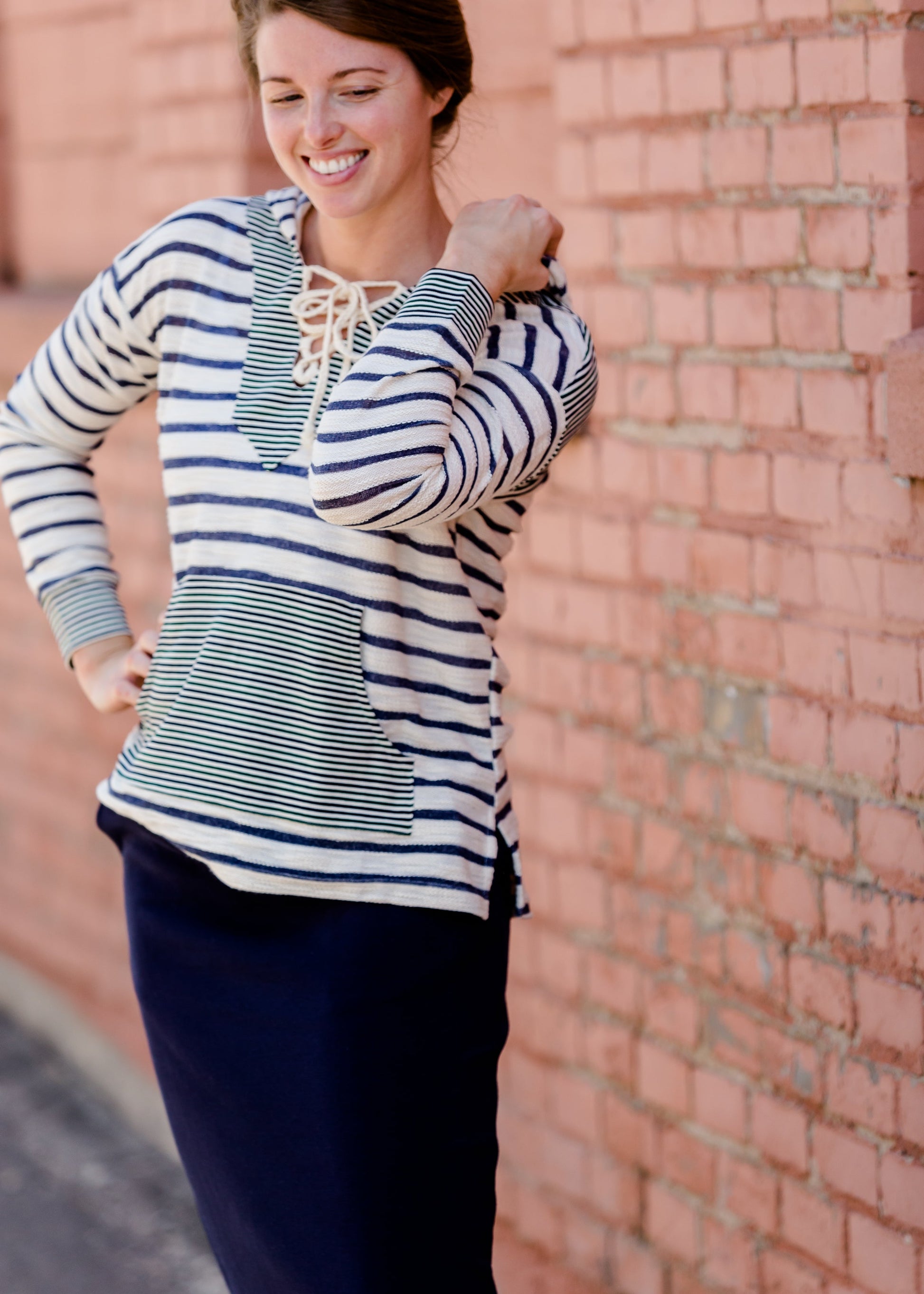 Mixed Stripe Lace Up Hooded Sweatshirt - FINAL SALE Tops