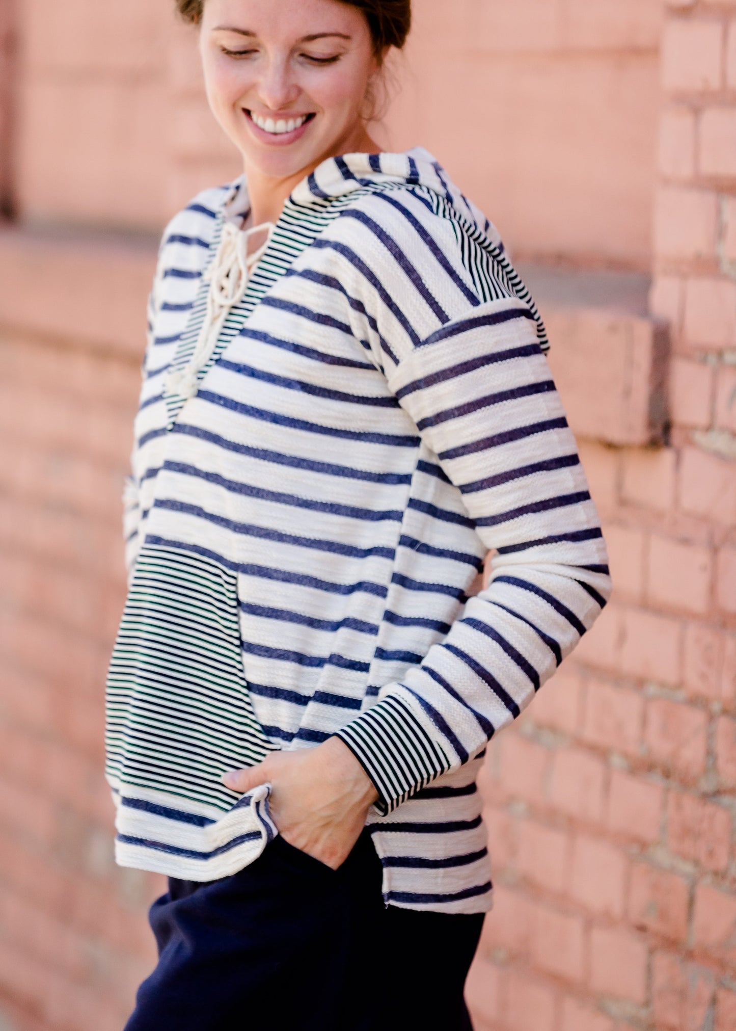 Mixed Stripe Lace Up Hooded Sweatshirt - FINAL SALE Tops