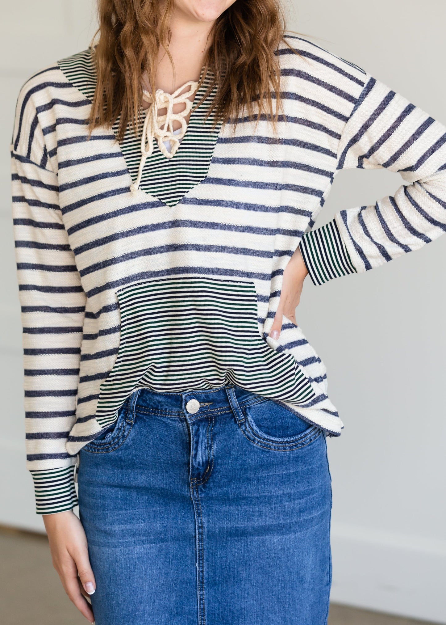 Mixed Stripe Lace Up Hooded Sweatshirt - FINAL SALE Tops