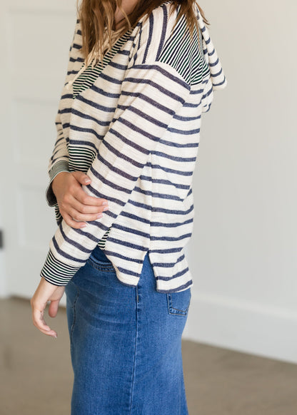 Mixed Stripe Lace Up Hooded Sweatshirt - FINAL SALE Tops