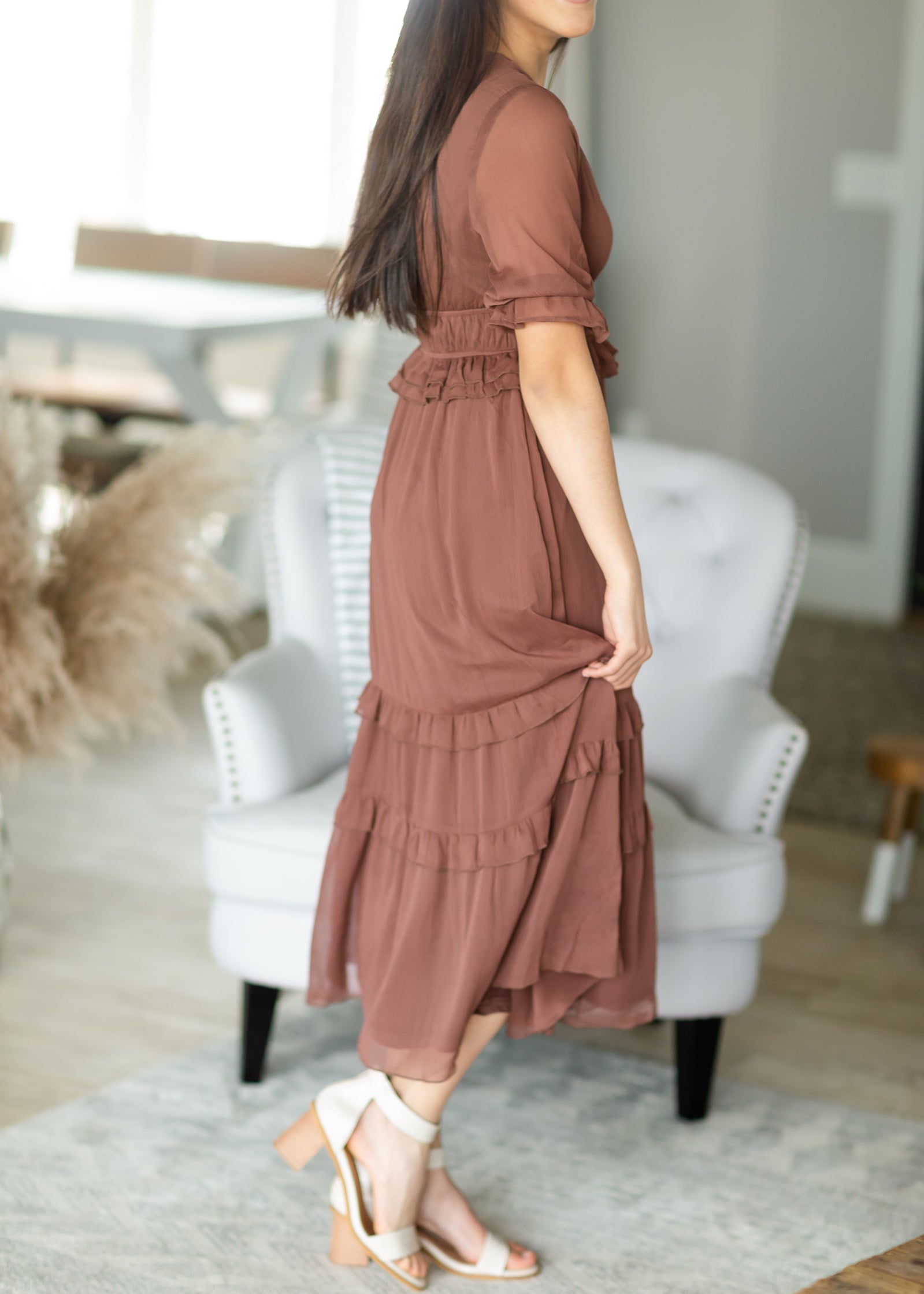 Mocha Chiffon Tiered Ruffle Midi Dress - FINAL SALE Dresses